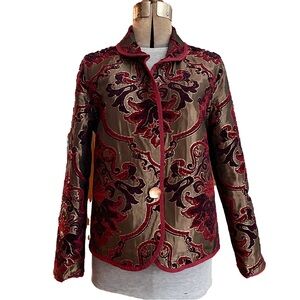 Tapestry Dinner Jacket, Gold and Reds, One Button, Holiday Ready!